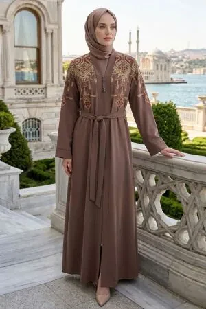 Ethnic Embroidery-Detail Belted Light Brown Modest Abaya 29144AKH 