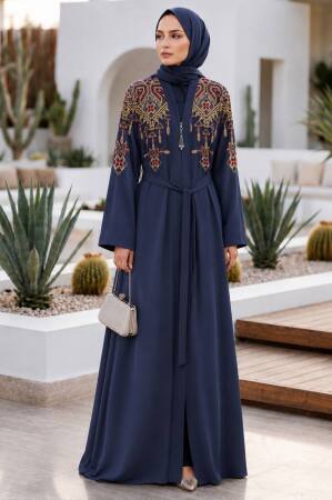 Ethnic Embroidery-Detail Belted Navy Blue Modest Abaya 29144L 