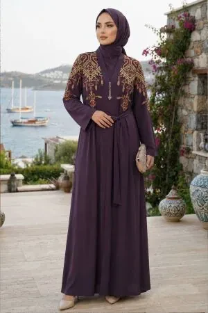 Ethnic Embroidery-Detail Belted Plum Modest Abaya 29144MU 