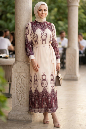 Etnik Motifli Pleated Sashed Plum Satin Modest Dress 95702MU 