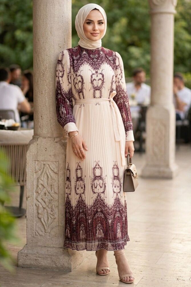 Etnik Motifli Pleated Sashed Plum Satin Modest Dress 95702MU - 1