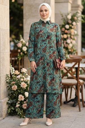 Etnik Patterned Indigo Blue Modest Tunic Pants Set 95727IM 