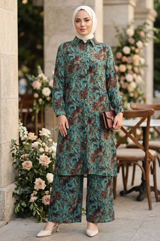Etnik Patterned Indigo Blue Modest Tunic Pants Set 95727IM - 1