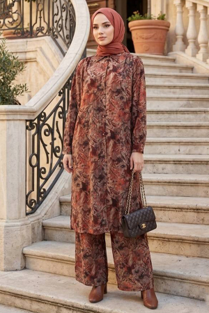 Etnik Patterned Kiremit Modest Tunic Pants Set 95727KRMT 