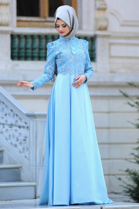 Evening Dress - Baby Blue Hijab Dress 3542BM