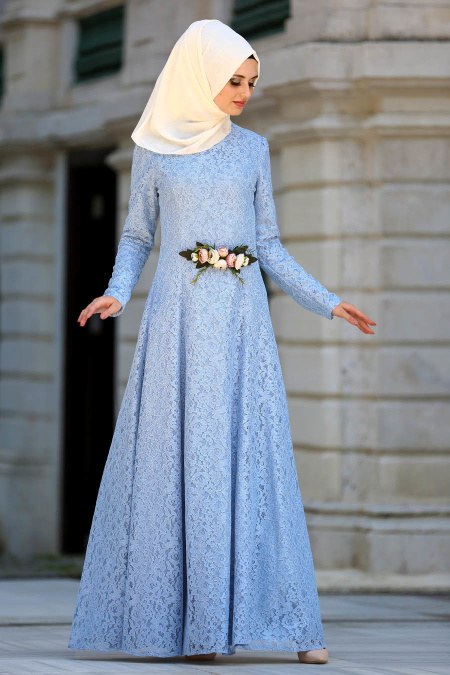 Evening Dress - Baby Blue Hijab Dress 8113BM