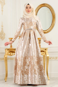 Evening Dress - Beige Hijab Dress 8185BEJ - Thumbnail