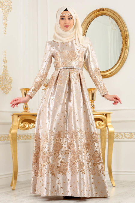 Evening Dress - Beige Hijab Dress 8185BEJ
