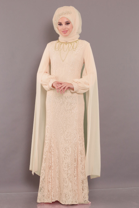 Evening Dress - Beige Hijab Evening Dress 40180BEJ