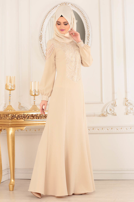 Evening Dress - Beige Hijab Evening Dress 4031BEJ