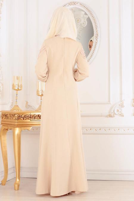 Evening Dress - Beige Hijab Evening Dress 4031BEJ - 2