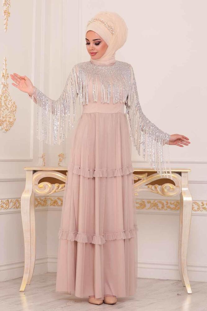 Püsküllü Bisküvi Tesettür Abiye Elbise 3823BS - 1