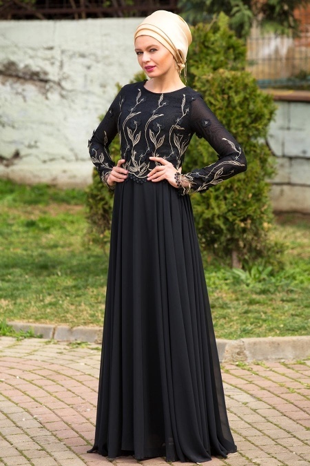 Evening Dress - Black Hijab Dress 7083S