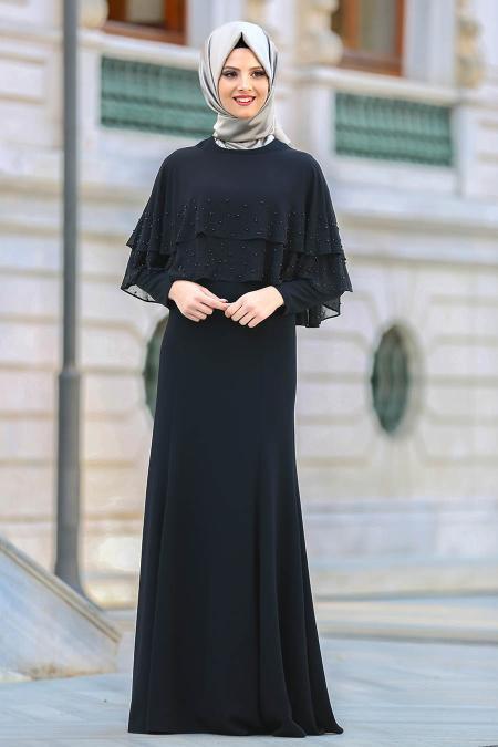 Evening Dress - Black Hijab Dress 7251S - 1