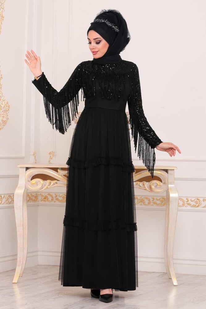 Püsküllü Siyah Tesettür Abiye Elbise 3823S - 2