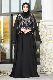 Evening Dress - Black Hijab Evening Dress 7633S - Thumbnail