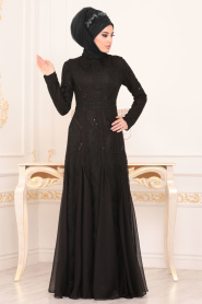 Dantel Detaylı Siyah Tesettür Abiye Elbise 85350S - Thumbnail