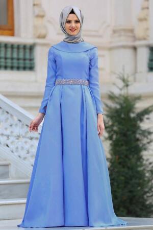 Evening Dress - Blue Hijab Dress 2363M - 1