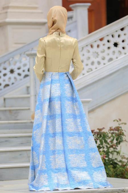 Evening Dress - Blue Hijab Dress 7342M - 2