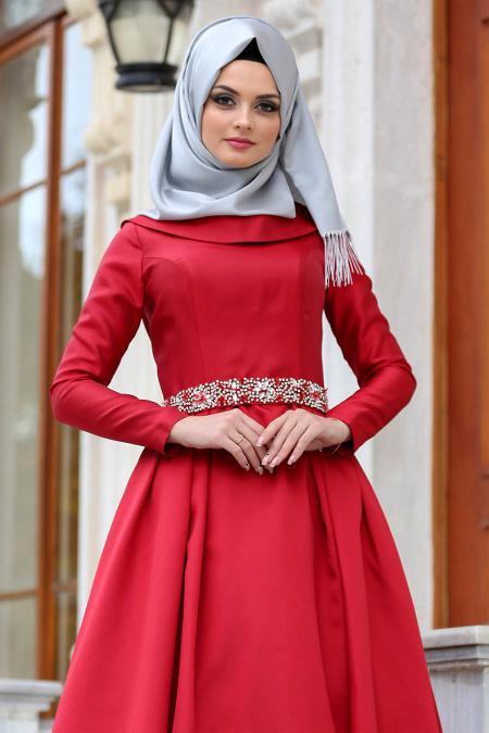 Evening Dress - Claret Red Hijab Dress 2363BR - 2