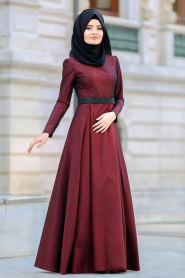 Evening Dress - Claret Red Hijab Dress 2418BR - Thumbnail