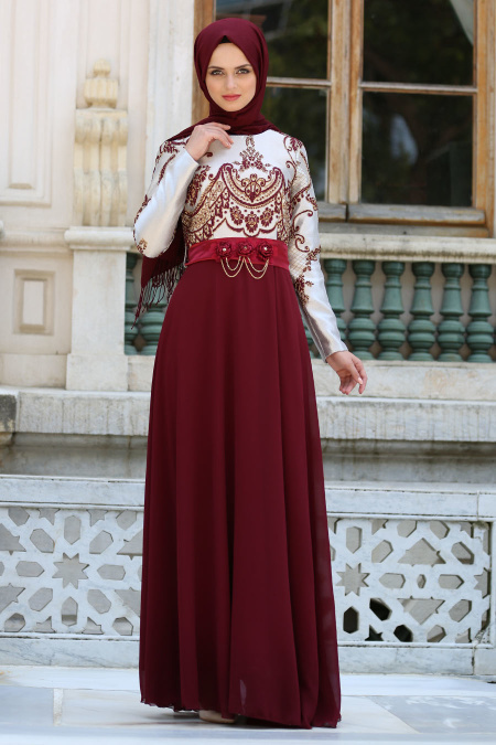 Evening Dress - Claret Red Hijab Dress 2727BR