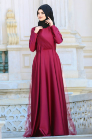 Evening Dress - Claret Red Hijab Dress 3530BR - Thumbnail