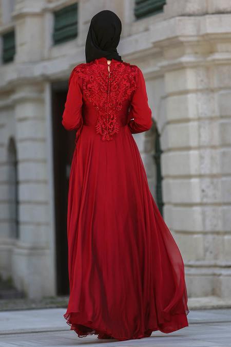 Evening Dress - Claret Red Hijab Dress 3566BR - 2