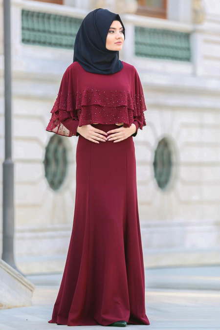 Evening Dress - Claret Red Hijab Dress 7251BR