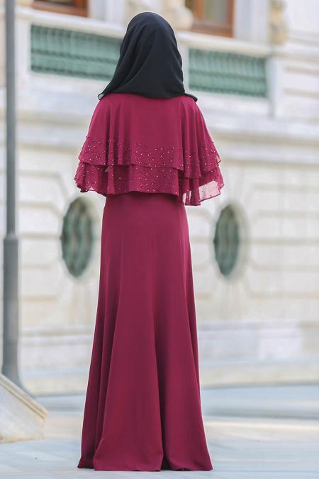 Evening Dress - Claret Red Hijab Dress 7251BR - 3