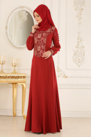 Evening Dress - Claret Red Hijab Evening Dress 4031BR - Thumbnail