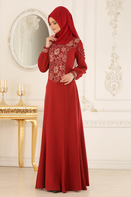 Evening Dress - Claret Red Hijab Evening Dress 4031BR
