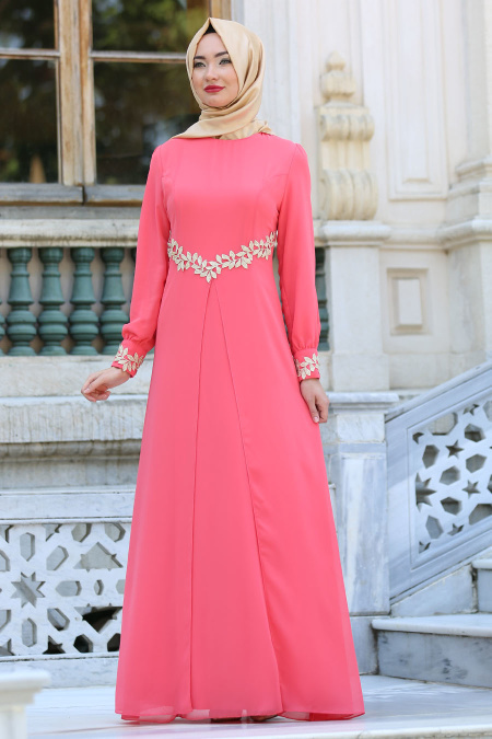 Evening Dress - Coral Color Hijab Dress 4216MRC