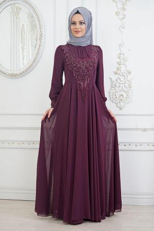 Evening Dress - Dark Purple Hijab Evening Dress 84790MU - 1