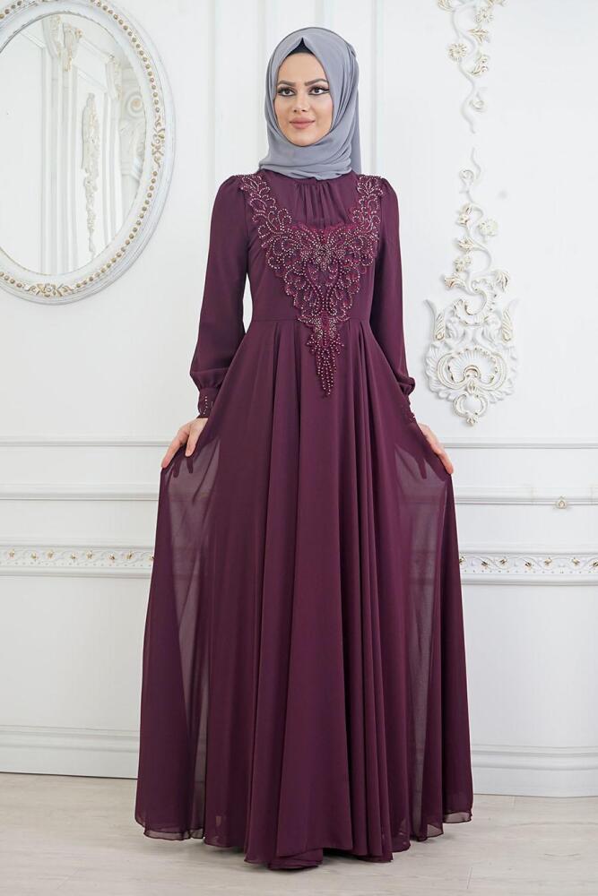 Evening Dress - Dark Purple Hijab Evening Dress 84790MU - 1