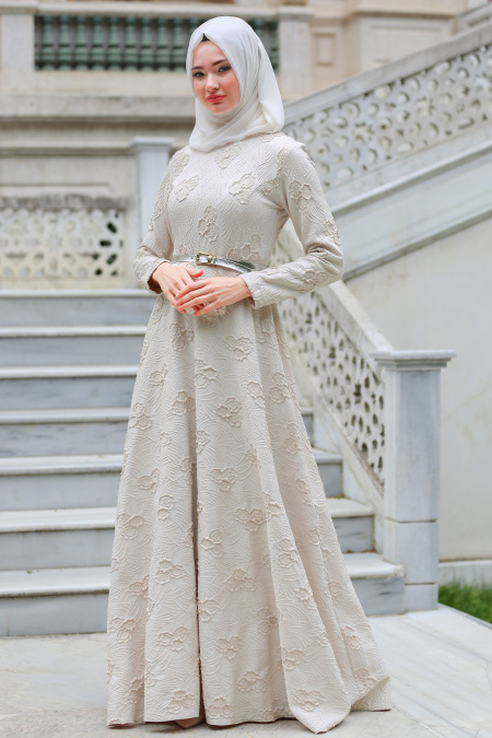 Evening Dress - Ecru Hijab Dress 17871E