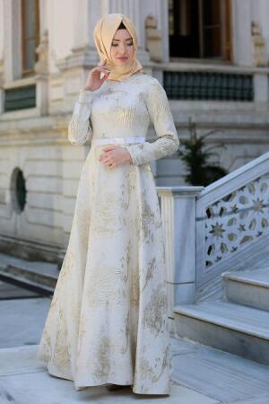 Evening Dress - Ecru Hijab Dress 1787E - 1