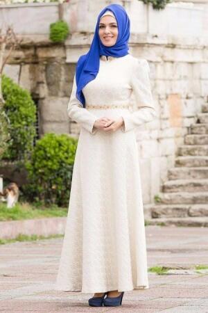 Evening Dress - Ecru Hijab Dress 7062E - 1