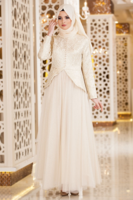 Evening Dress - Ecru Hijab Dress 7068E