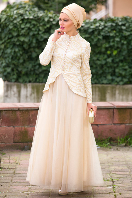 Evening Dress - Ecru Hijab Dress 7069E