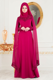 Evening Dress - Fuchsia Hijab Evening Dress 4045F - Thumbnail