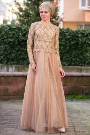 Evening Dress - Gold Hijab Dress 7077BEJ - 1
