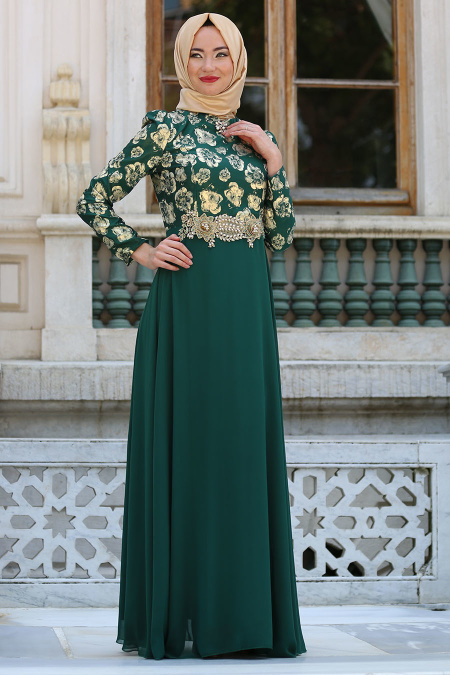 Evening Dress - Green Hijab Dress 2699Y