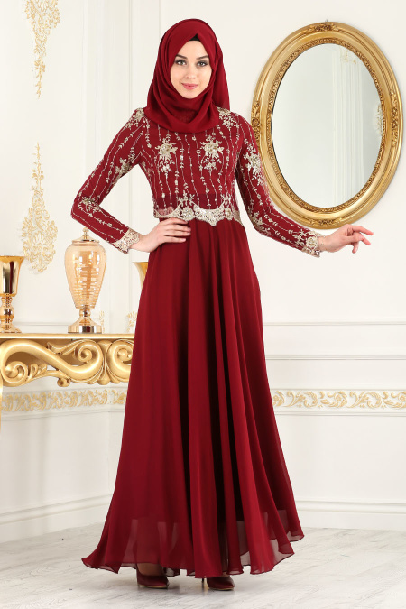 Evening Dress - Mahogany Hijab Evening Dress 7646BR