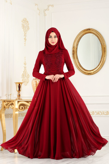 Evening Dress - Mahogany Hijab Evening Dress 7954BR