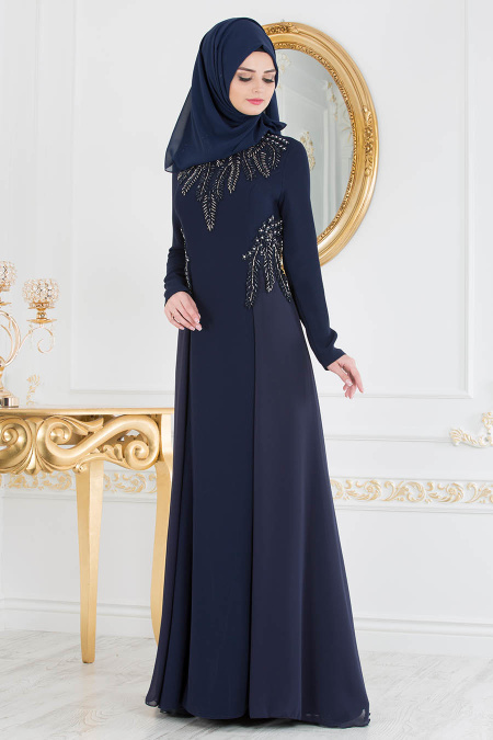 Evening Dress - Navy Blue Hijab Dress 20331L