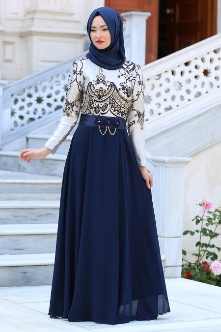 Evening Dress - Navy Blue Hijab Dress 2727L