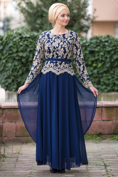 Evening Dress - Navy Blue Hijab Dress 7025L