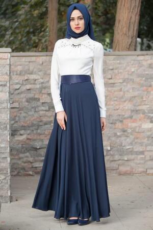 Evening Dress - Navy Blue Hijab Dress 7044L - 1