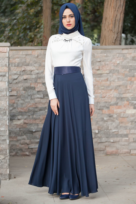 Evening Dress - Navy Blue Hijab Dress 7044L